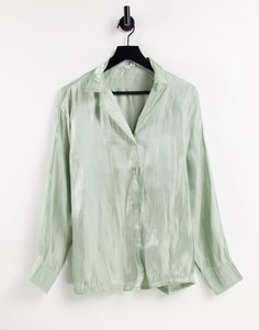 Атласная рубашка шалфейно-зеленого цвета от комплекта In The Style x Naomi Genes-Зеленый цвет