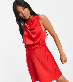 Атласное платье мини с высокой горловиной с драпировкой и присборенным поясом ASOS DESIGN Petite-Красный