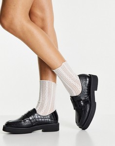 Черные туфли-монки с отделкой под крокодиловую кожу на плоской подошве ASOS DESIGN Macaroon-Черный цвет