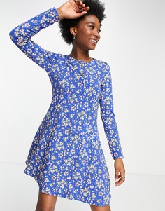 Ярко-синее платье мини с расклешенной юбкой, длинными рукавами и цветочным принтом Pieces Flora-Разноцветный