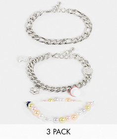 Набор из 3 браслетов: два серебристых браслета-цепочки с забавными подвесками и браслет с цветным искусственным жемчугом ASOS DESIGN-Серебряный