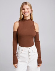 Коричневый топ с длинными рукавами и вырезами Bershka-Коричневый цвет