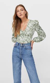 Stradivarius Блуза С Принтом И V-Образным Вырезом Зеленый L