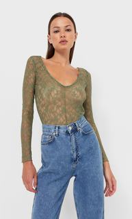 Stradivarius Боди С Кружевной Отделкой Хаки M