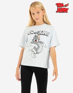 Голубая футболка с принтом Tom and Jerry для девочки Gloria Jeans