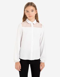 Белая шифоновая блузка с сетчатой вставкой для девочки Gloria Jeans