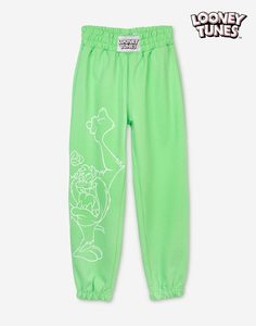 Зелёные спортивные брюки с принтом LOONEY TUNES для девочки Gloria Jeans