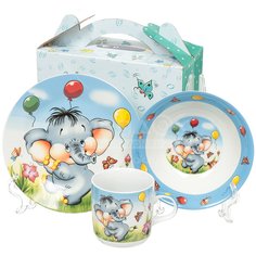 Набор детской посуды из керамики Daniks Слон, 3 предмета (кружка 230 мл, тарелка 175 мм, салатник 150 мм)