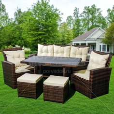 Мебель садовая Green Days, Эмилия, коричневая, стол, 120х66 см, 2 кресла, 1 диван, подушка беж, 150 кг