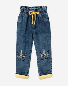 Утеплённые джинсы Paperbag с вышивкой для девочки Gloria Jeans