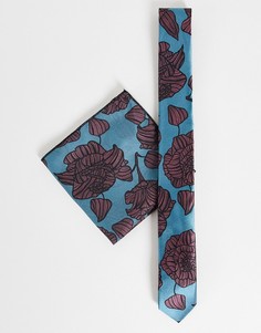Узкий галстук и платок для нагрудного кармана бирюзового цвета с красным цветочным принтом Bolongaro Trevor-Разноцветный