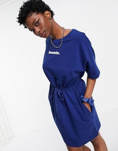 Синее платье-футболка с логотипом и затягивающимся шнурком на талии Lacoste-Голубой