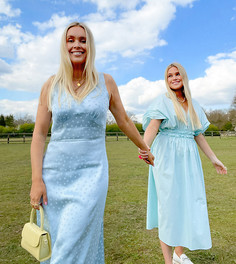 Атласное платье-комбинация миди с однотонным принтом в горошек Labelrail x Olivia & Alice-Голубой