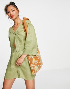 Укороченная куртка из органического льна цвета хаки (от комплекта) Aligne-Зеленый цвет
