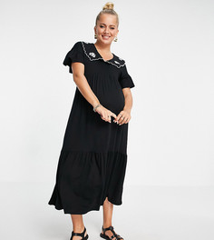Черное ярусное платье миди для беременных с присборенной юбкой и воротником с вышивкой Violet Romance Maternity-Черный цвет