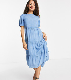 Ярусное платье миди из ткани шамбре Influence Petite-Голубой