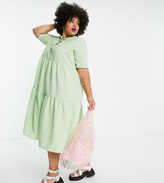 Ярусное платье миди с присборенной юбкой и шнуровкой спереди зеленого цвета Lola May Plus-Зеленый цвет