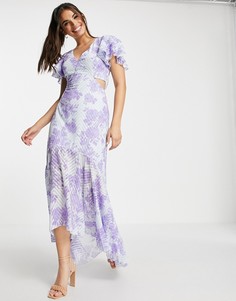 Фиолетовое платье макси с глубоким декольте, вырезами и цветочным принтом Lipsy-Разноцветный