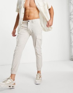 Кремово-белые брюки карго из материала с добавлением льна и с манжетами Jack & Jones Intelligence-Светло-бежевый цвет