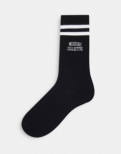 Черные носки до середины икры в рубчик с логотипом и полосами ASOS Weekend Collective-Черный цвет