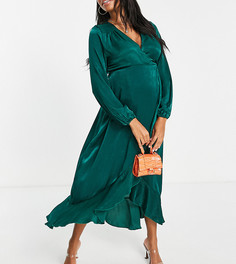 Изумрудно-зеленое платье макси на запах с длинными рукавами Flounce London Maternity-Зеленый цвет