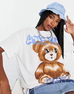Oversized-футболка белого цвета с рисунком плюшевого мишки Bershka-Белый