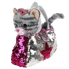 Мягкая игрушка Мой питомец Кошка в сумочке из пайеток 17 см цвет: серый