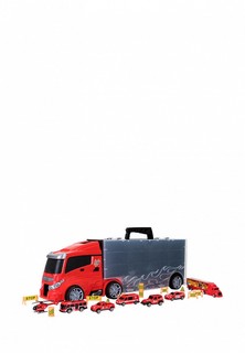 Набор игровой Givito Машина игрушка серии "Служба спасения" (Автовоз - кейс 59 см, красный, с тоннелем. Набор из 4 машинок, 1 автобуса, 1 вертолета, 1 фуры и 12 дорожных знаков)