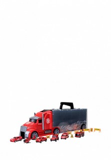 Набор игровой Givito Набор машинок серии "Служба спасения" (Автовоз - кейс 54 см, красный, с тоннелем. 4 машинки, 1 автобус, 1 вертолет и 10 дорожных знаков)