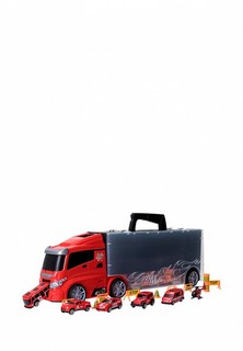 Набор игровой Givito Набор машинок серии "Служба спасения" (Автовоз - кейс 51,5 см, красный, с тоннелем. 4 машинки, 1 автобус, 1 вертолет и 10 дорожных знаков)