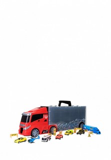 Набор игровой Givito Машина игрушка серии "Мой город" (Автовоз - кейс 59 см, красный, с тоннелем. Набор из 4 машинок, 1 автобуса, 1 вертолета, 1 фуры и 12 дорожных знаков)