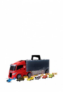 Набор игровой Givito Набор машинок серии "Мой город" (Автовоз - кейс 51,5 см, красный, с тоннелем. 4 машинки, 1 автобус, 1 вертолет и 10 дорожных знаков)