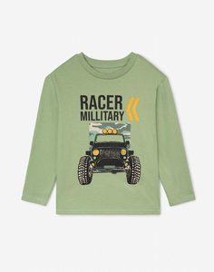 Зелёный лонгслив oversize с принтом Racer millitary для мальчика Gloria Jeans