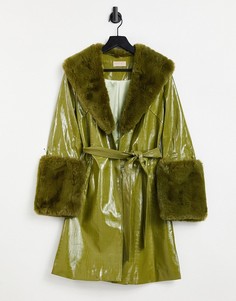 Зеленое пальто миди с завязкой на талии и искусственным мехом Jayley-Зеленый цвет