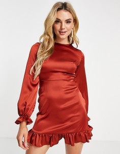 Платье мини цвета корицы с длинными рукавами и открытой спиной Flounce London-Коричневый цвет