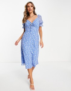 Синее платье миди с оборками на пышных рукавах, расклешенной юбкой и цветочным принтом In The Style x Stacey Solomon-Разноцветный