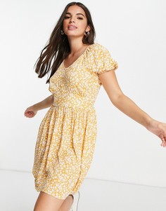 Желтое летнее платье с цветочным принтом, короткими рукавами и расклешенной юбкой Pieces Milla-Разноцветный