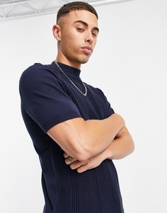 Темно-синий вязаный джемпер с высоким воротом и декоративной строчкой Topman