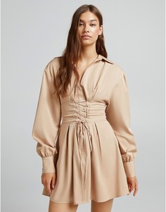 Бежевое платье с корсетной отделкой и завязкой Bershka-Светло-бежевый цвет