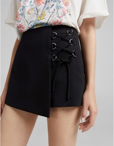 Черная короткая юбка-шорты с кольцами Bershka-Черный цвет