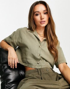 Свободная рубашка с короткими рукавами из выбеленного льна цвета хаки ASOS DESIGN-Оранжевый цвет