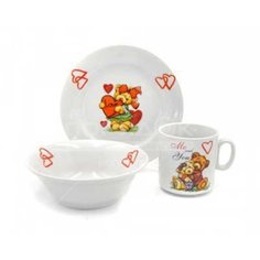 Набор детской посуды из фарфора Добрушский фарфоровый завод Мишки 9С2276Ф34, 3 предмета (кружка 200 мл, тарелка 170 мл, салатник 360 мл)