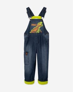 Утеплённый джинсовый комбинезон с динозавром для мальчика Gloria Jeans