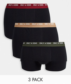 Набор из 3 боксеров-брифов черного цвета с контрастным поясом Only & Sons-Черный цвет