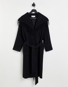 Черное пальто с запахом и бахромой из материала с добавлением шерсти Helene Berman-Черный цвет