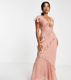 Чайное платье макси косого кроя с оборками на рукавах и узором ASOS DESIGN Petite-Розовый цвет