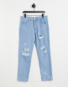 Выбеленные прямые джинсы со рваной отделкой и принтом гор от комплекта Liquor N Poker-Голубой