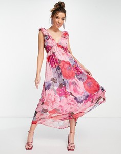 Розовое платье мидакси с крупным цветочным принтом Forever U-Розовый цвет
