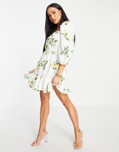 Свободное платье мини с присборенной юбкой, пышными рукавами и летним принтом лимонов In The Style x Stacey Solomon-Многоцветный
