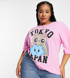 Oversized-футболка ярко-розового цвета с принтом и надписью "Tokyo" ASOS DESIGN Curve-Голубой
